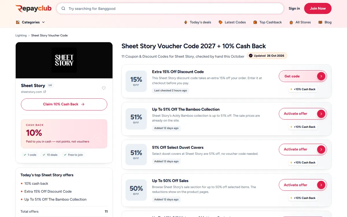 A cashback site's store page listing a voucher code with the cashback rate shown on the same offer